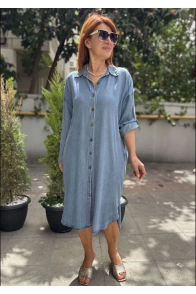 Tüm Düğme Tencel Kot Elbise