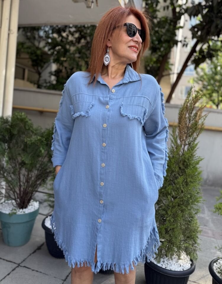Püskül Detaylı Tunik/Elbise Mavi