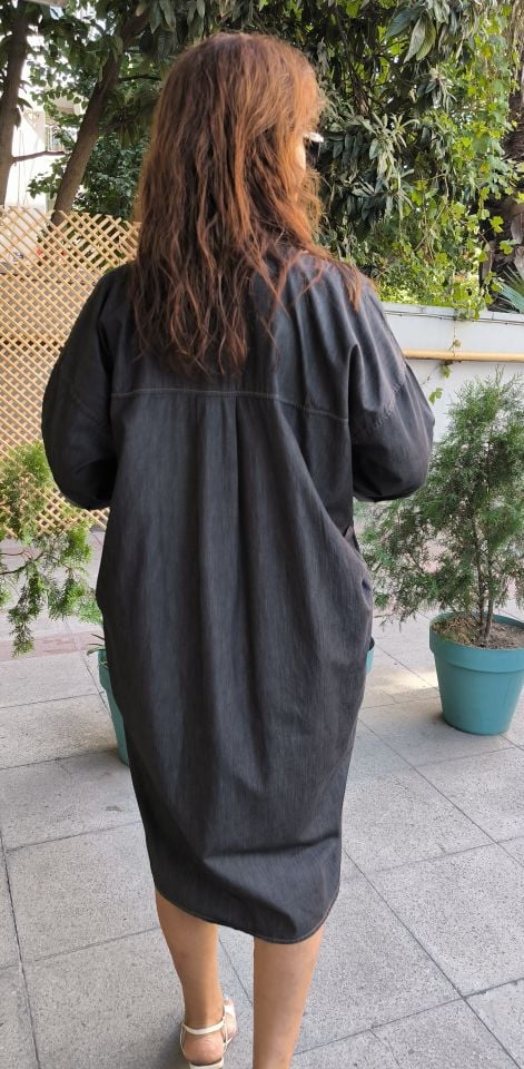 Tam Düğme Pamuk Kot Elbise Antrasit