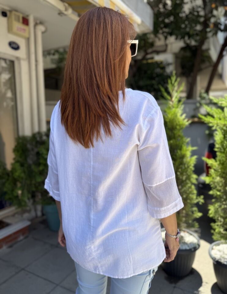 File Detaylı Pamuk Bluz Beyaz