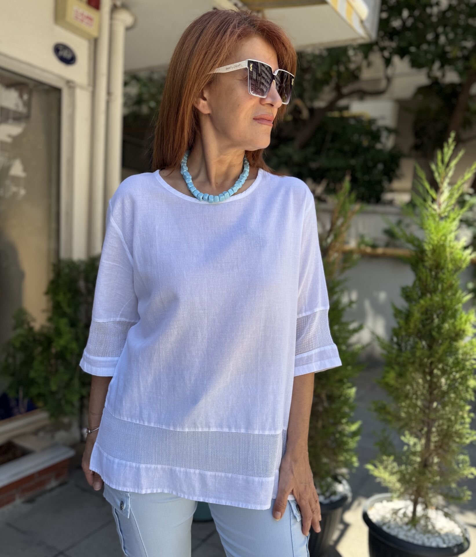File Detaylı Pamuk Bluz Beyaz