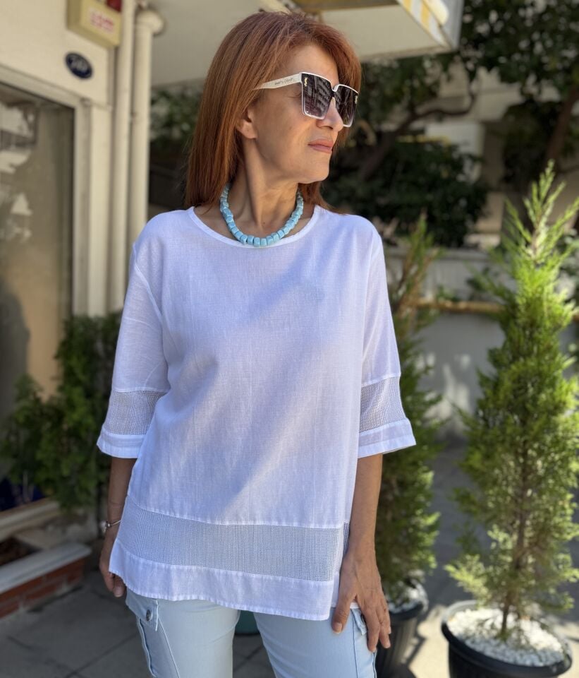 File Detaylı Pamuk Bluz Beyaz