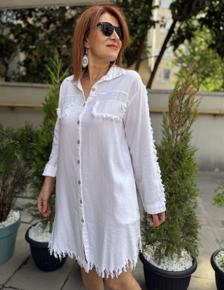 Püskül Detaylı Tunik/Elbise Beyaz