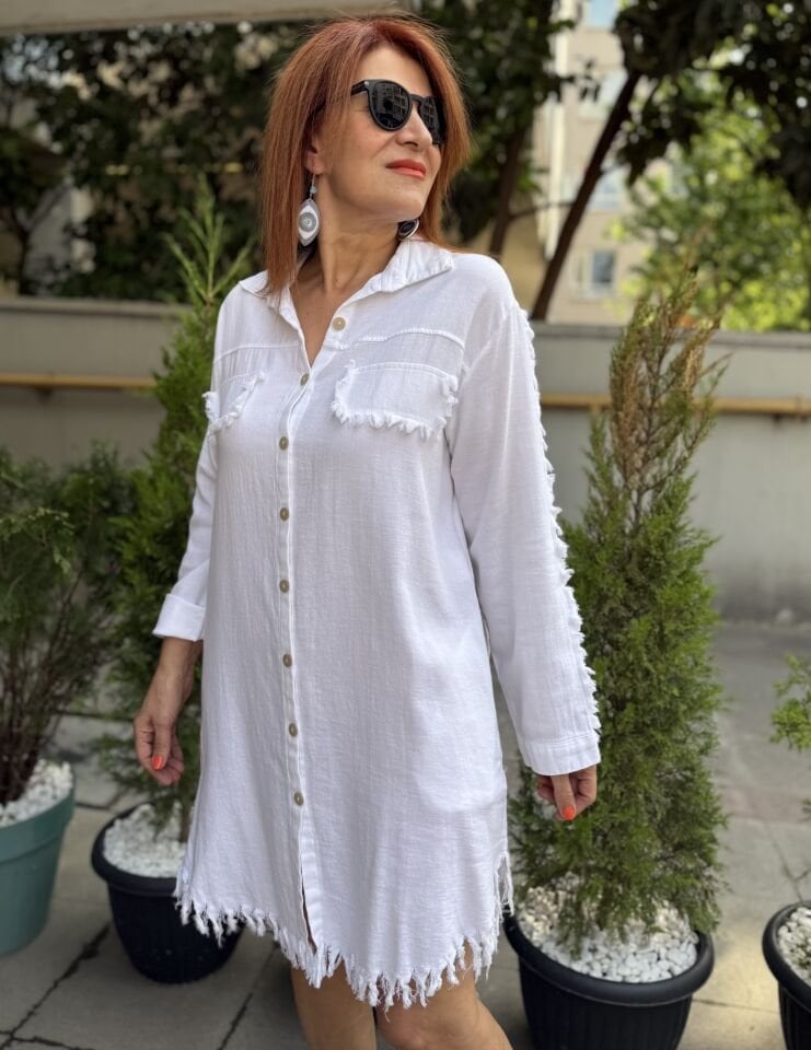 Püskül Detaylı Tunik/Elbise Beyaz