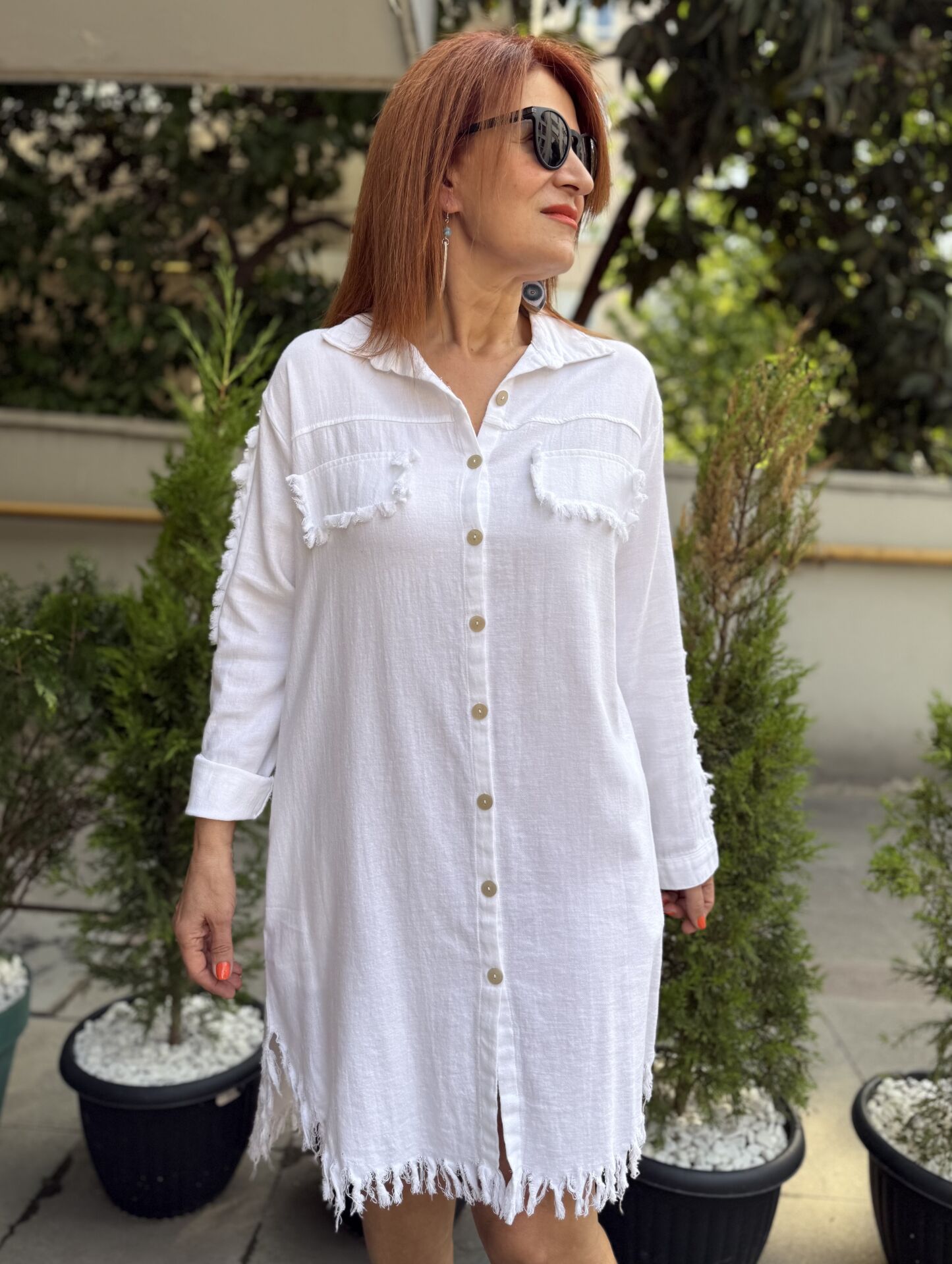 Püskül Detaylı Tunik/Elbise Beyaz