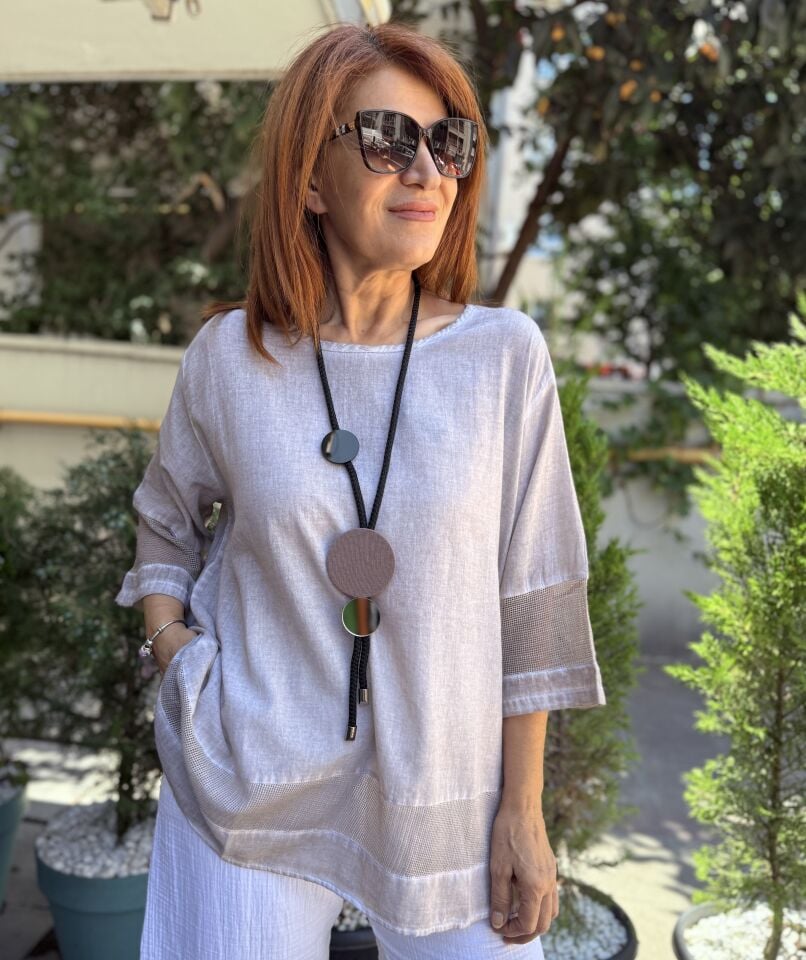 File Detaylı Pamuk Bluz Sütlü Kahve