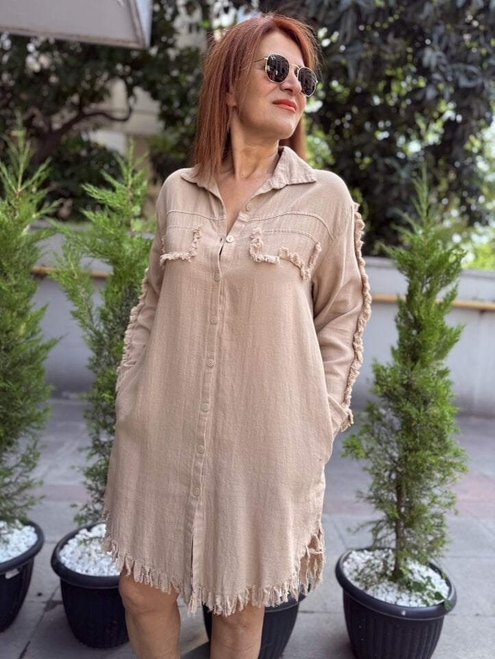 Püskül Detaylı Tunik/Elbise Bej