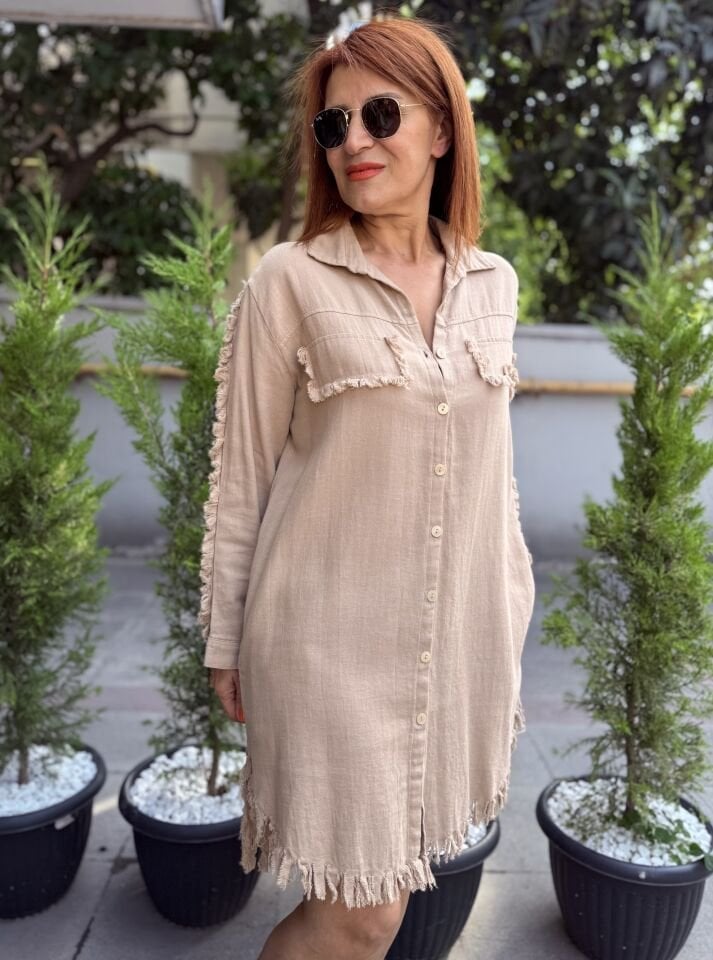 Püskül Detaylı Tunik/Elbise Bej