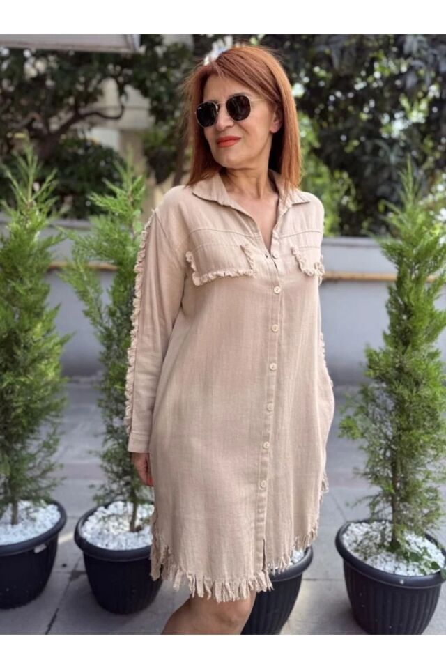 Püskül Detaylı Tunik/Elbise Bej