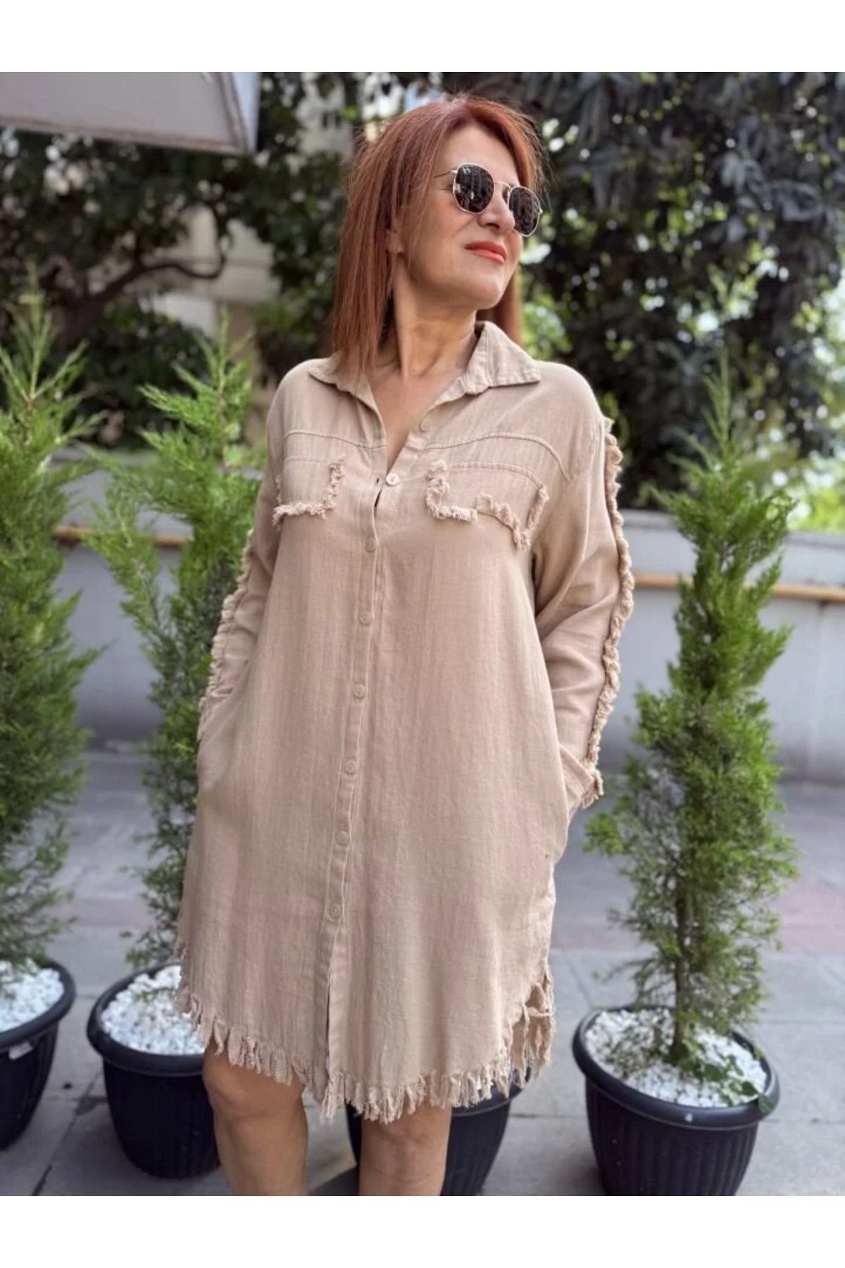 Püskül Detaylı Tunik/Elbise Bej