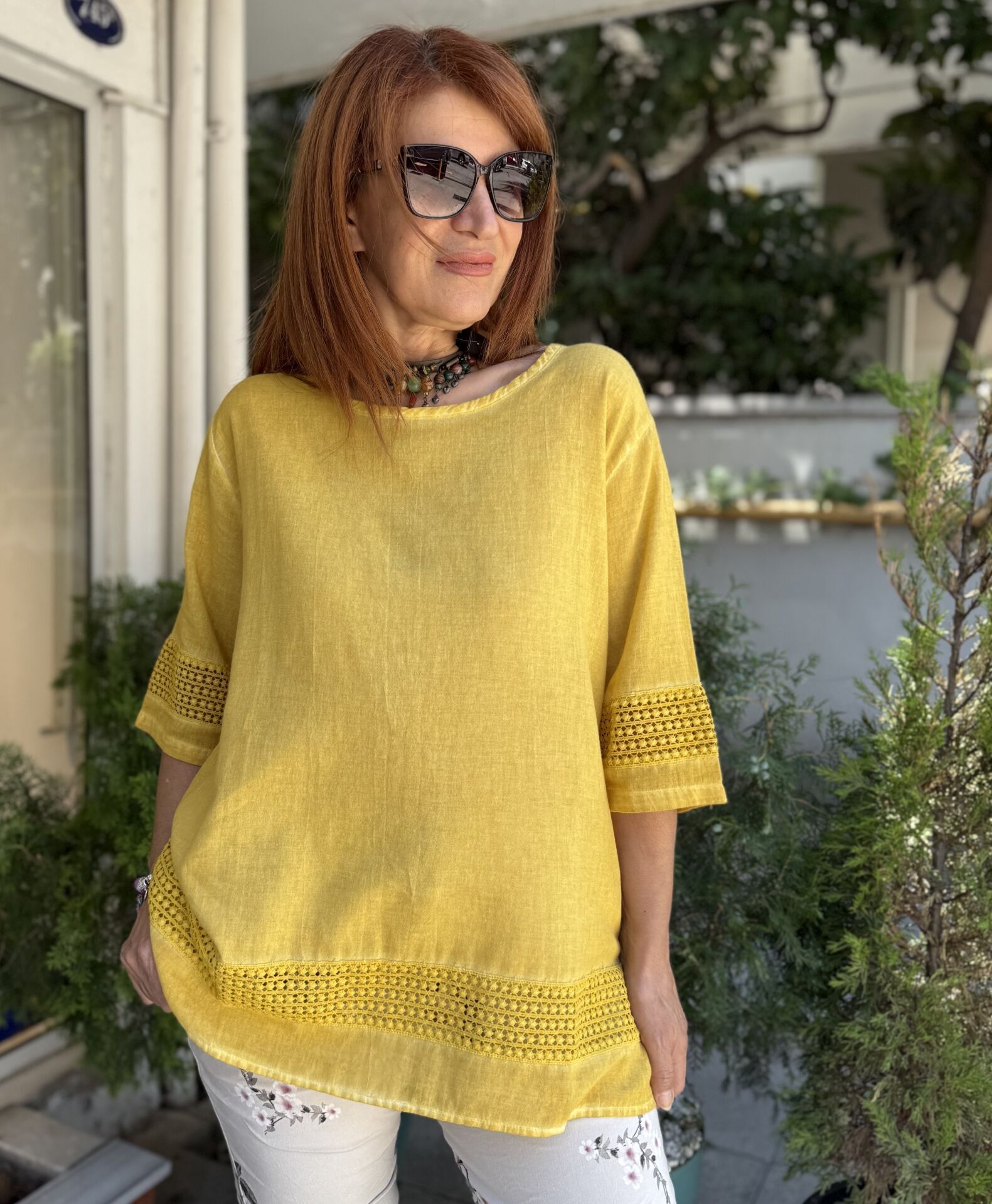 Güpür Detaylı Pamuk Bluz Sarı