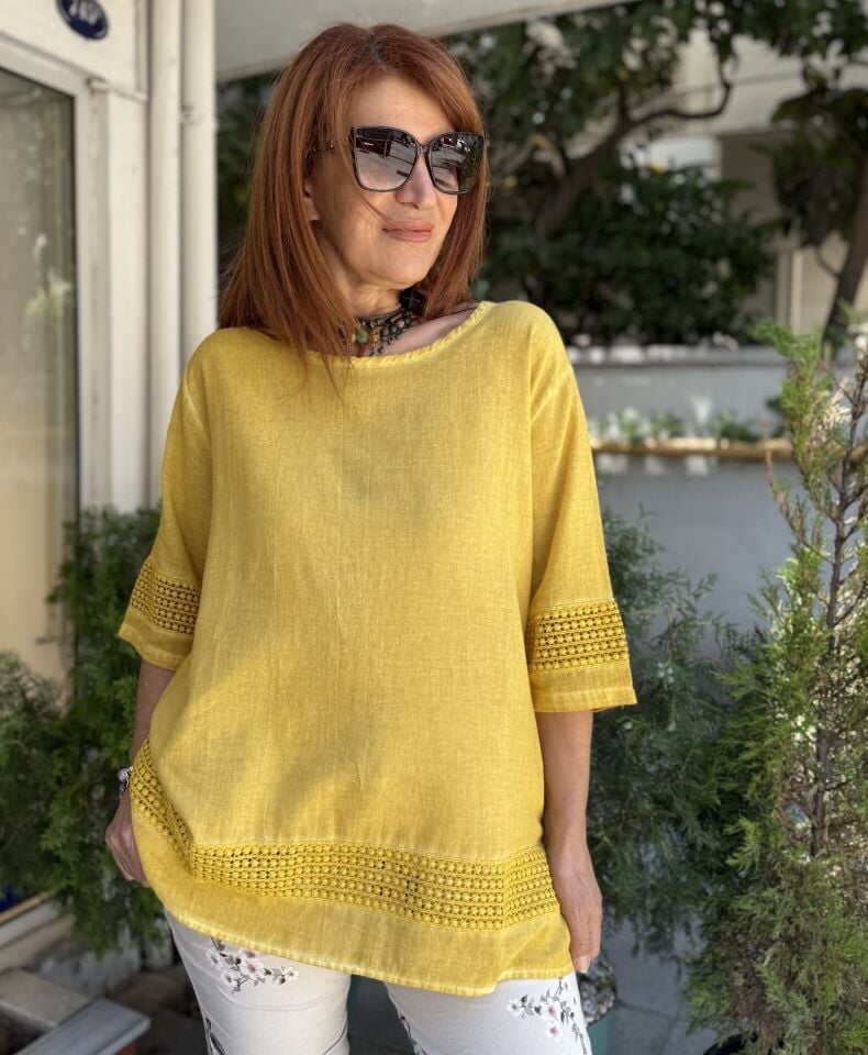 Güpür Detaylı Pamuk Bluz Sarı