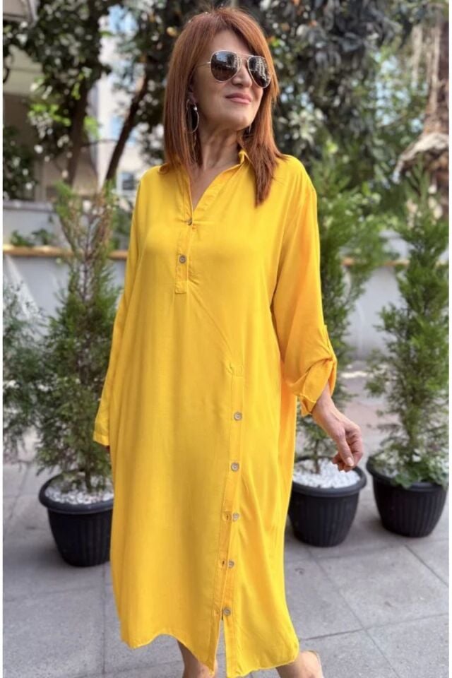Yandan Düğmeli Elbise Sarı