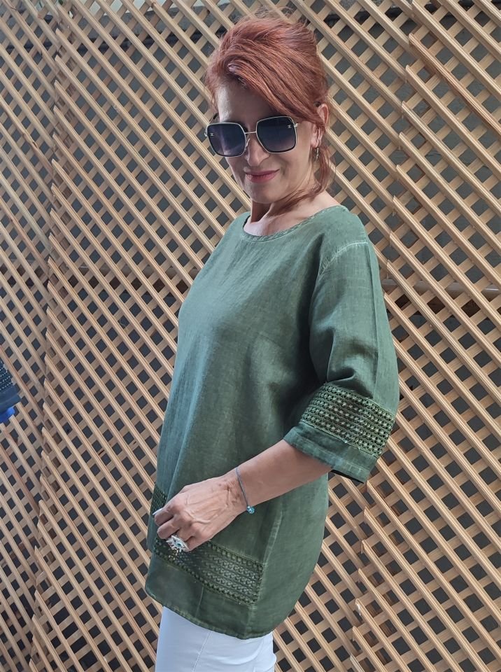 Güpür Detaylı Pamuk Bluz Haki
