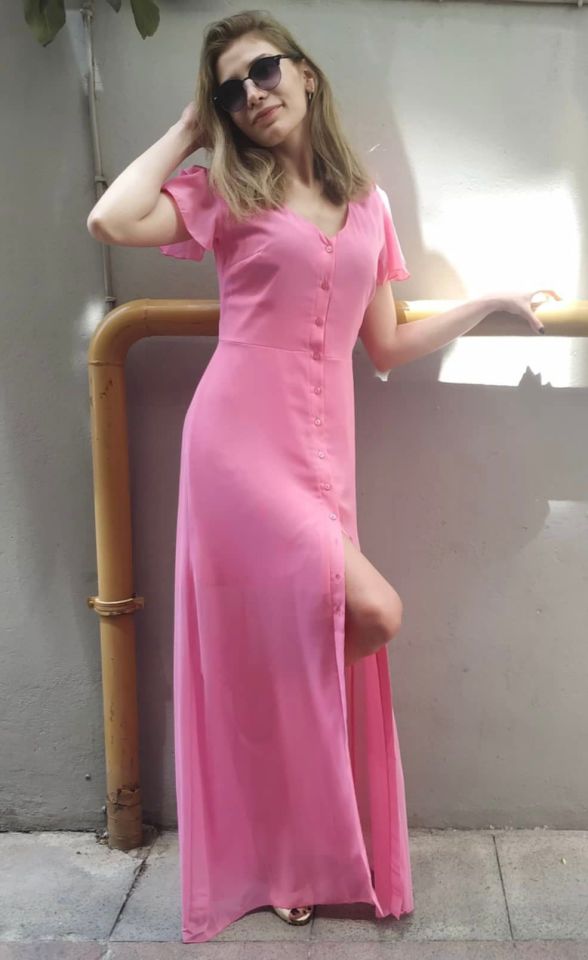 Şifon Tam Düğme Elbise Pembe
