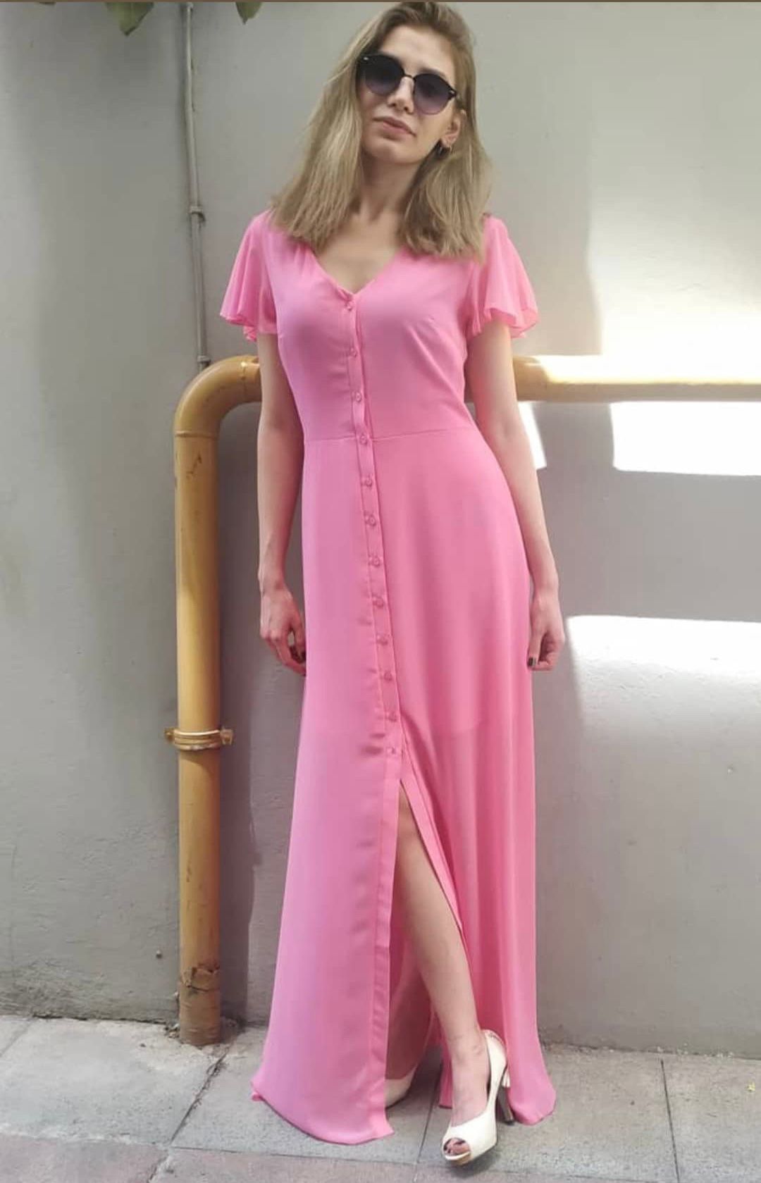 Şifon Tam Düğme Elbise Pembe