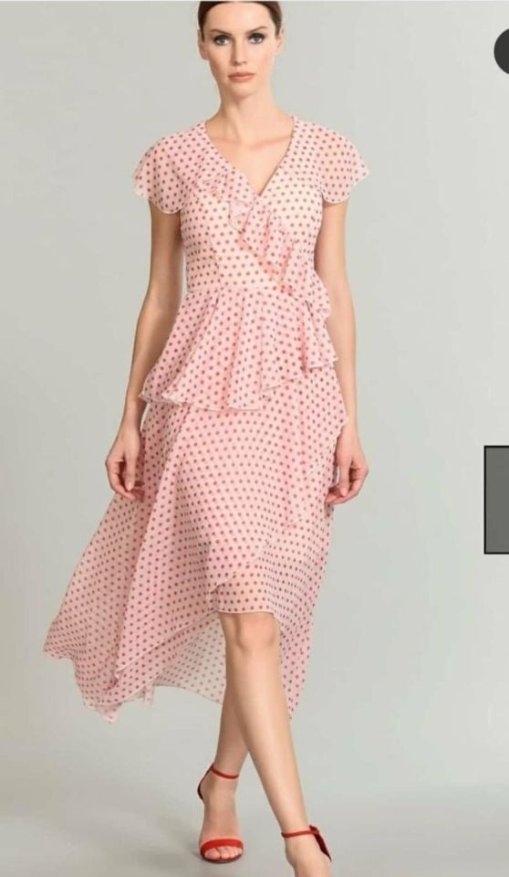 Dots Şifon Fırfırlı Elbise Pembe