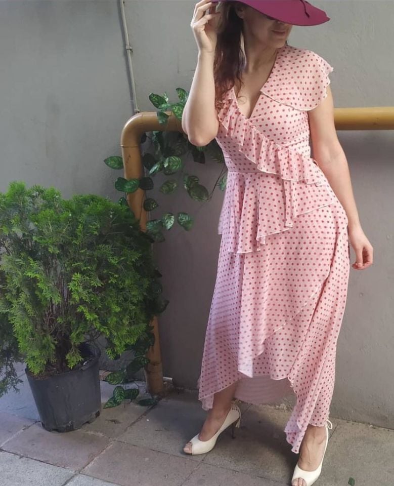 Dots Şifon Fırfırlı Elbise Pembe
