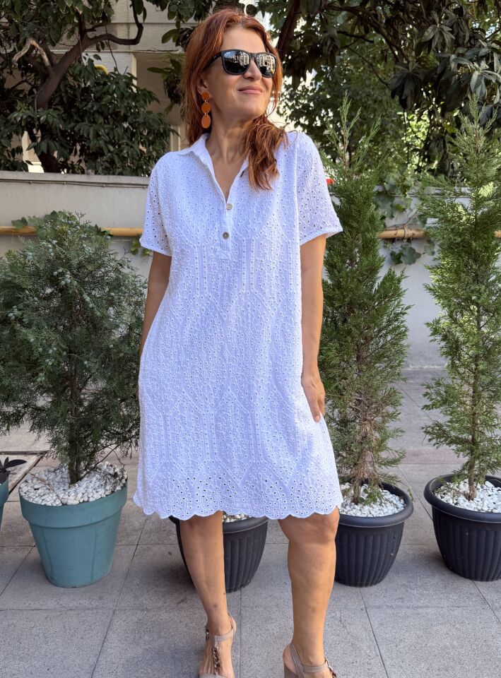 Güpür Midi Elbise (Cepli) BEYAZ