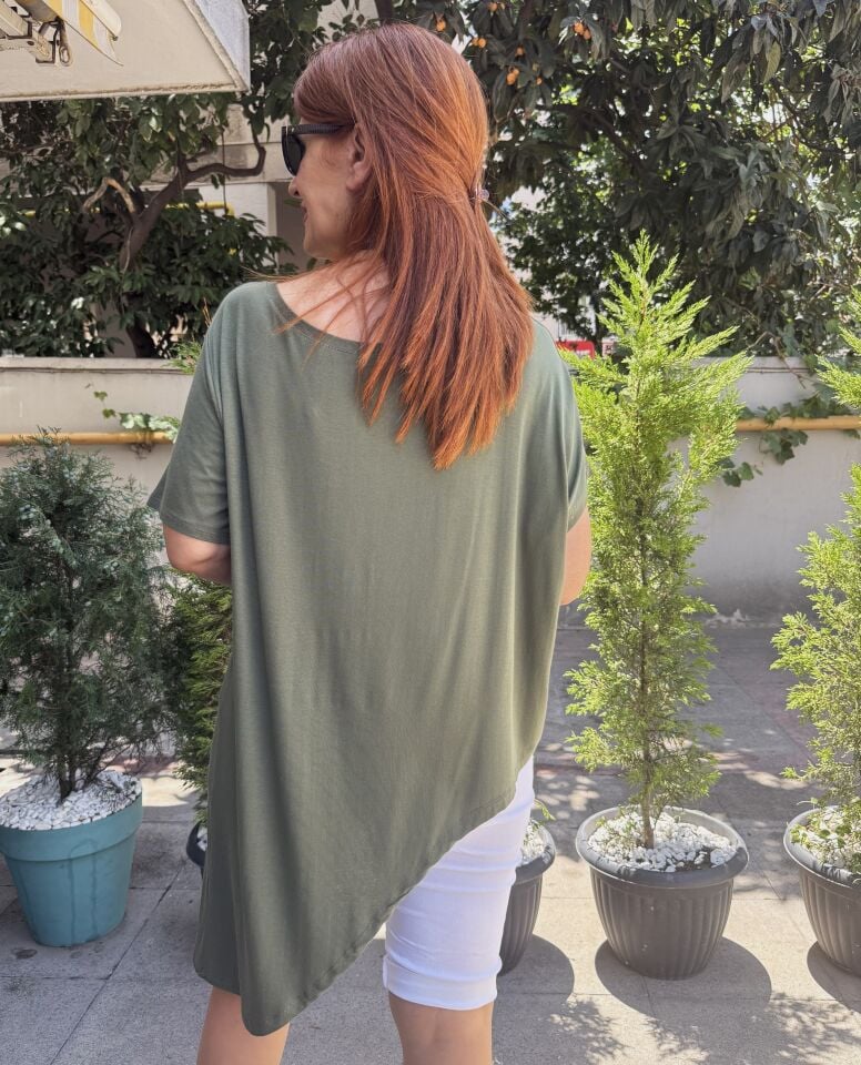 A385 Viskon Asimetrik Tişört Haki
