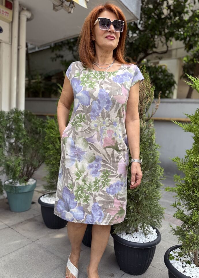 Bella İtalyan Keten Elbise Bej