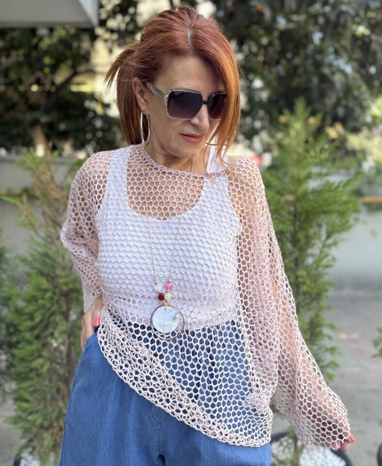 Fileli Simli Bluz Pudra