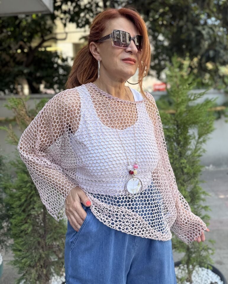 Fileli Simli Bluz Pudra