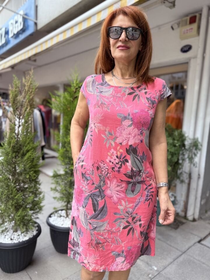 Vendy İtalyan Keten Elbise Pembe