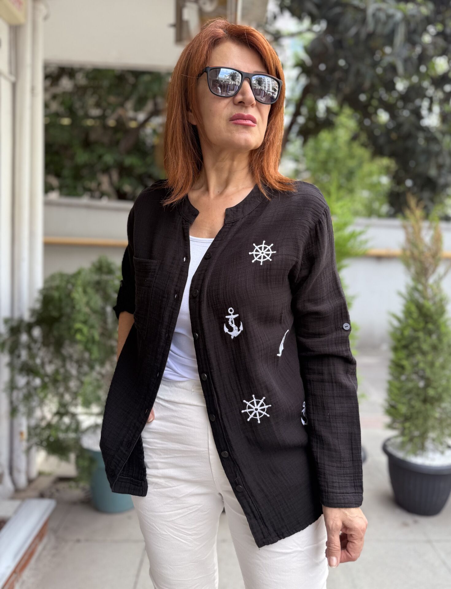 P-158 Çapalı Müslin Gömlek Siyah