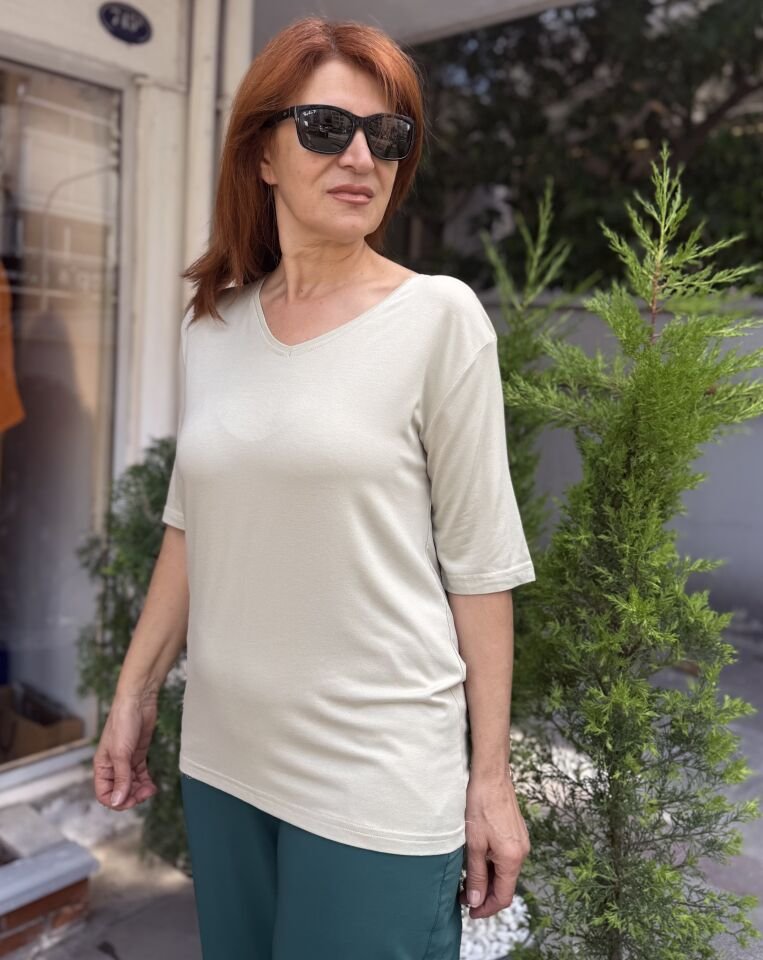 35N- V Yaka Viskon Tişört Limon Küfü