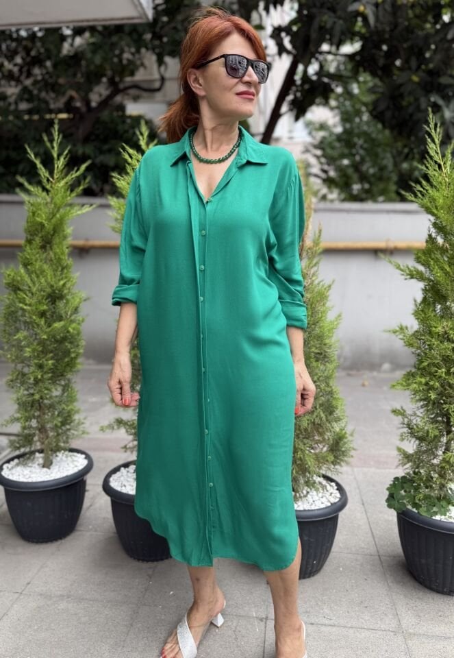Viskon Gömlek Elbise Benetton Yeşil