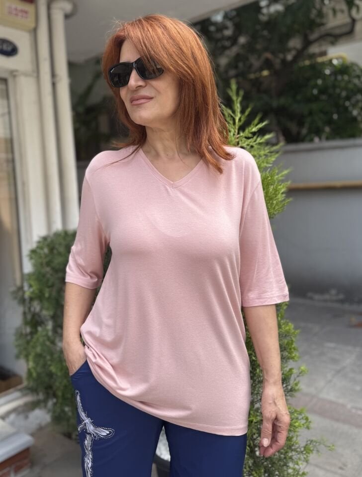 V Yaka Viskon Tişört Pudra