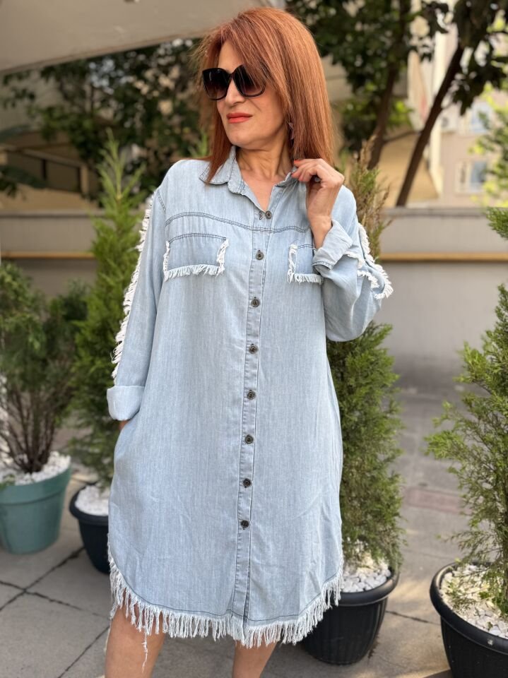 P-145 Püskül Detaylı Tencel Kot Elbise Açık Mavi