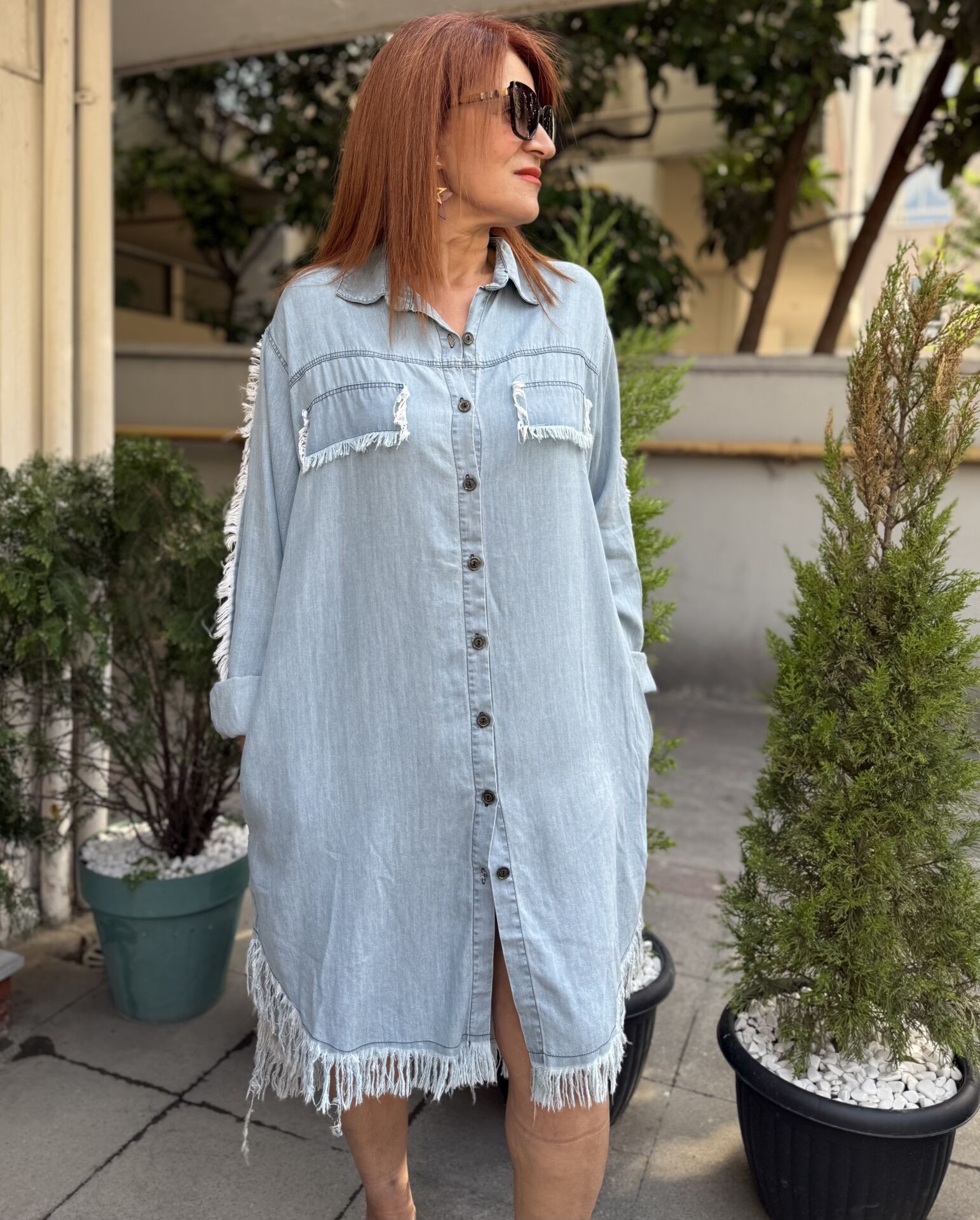 P-145 Püskül Detaylı Tencel Kot Elbise Açık Mavi