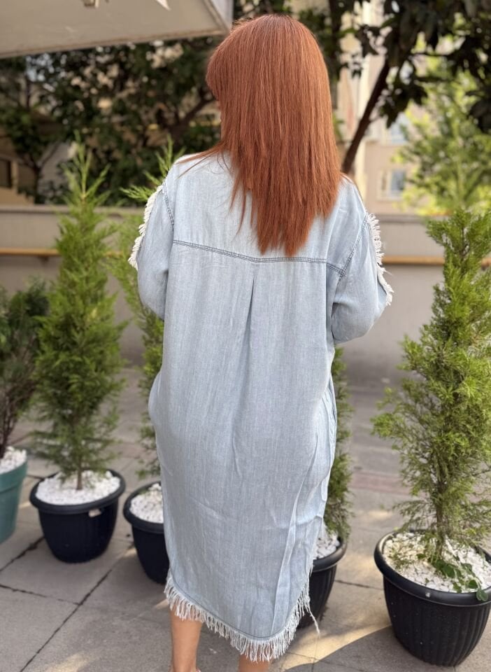 P-145 Püskül Detaylı Tencel Kot Elbise Açık Mavi