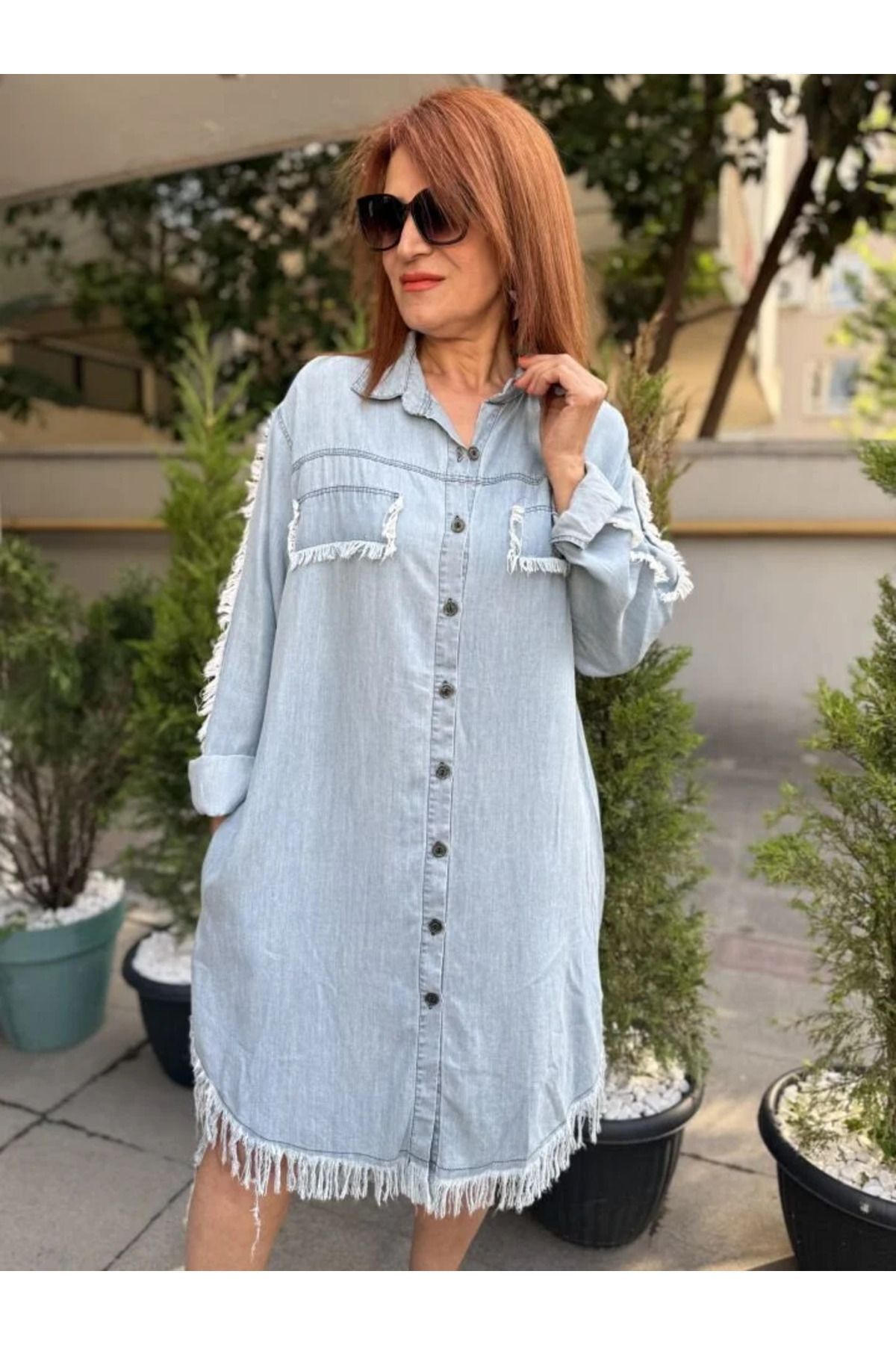 Püskül Detaylı Tencel Kot Elbise Açık Mavi