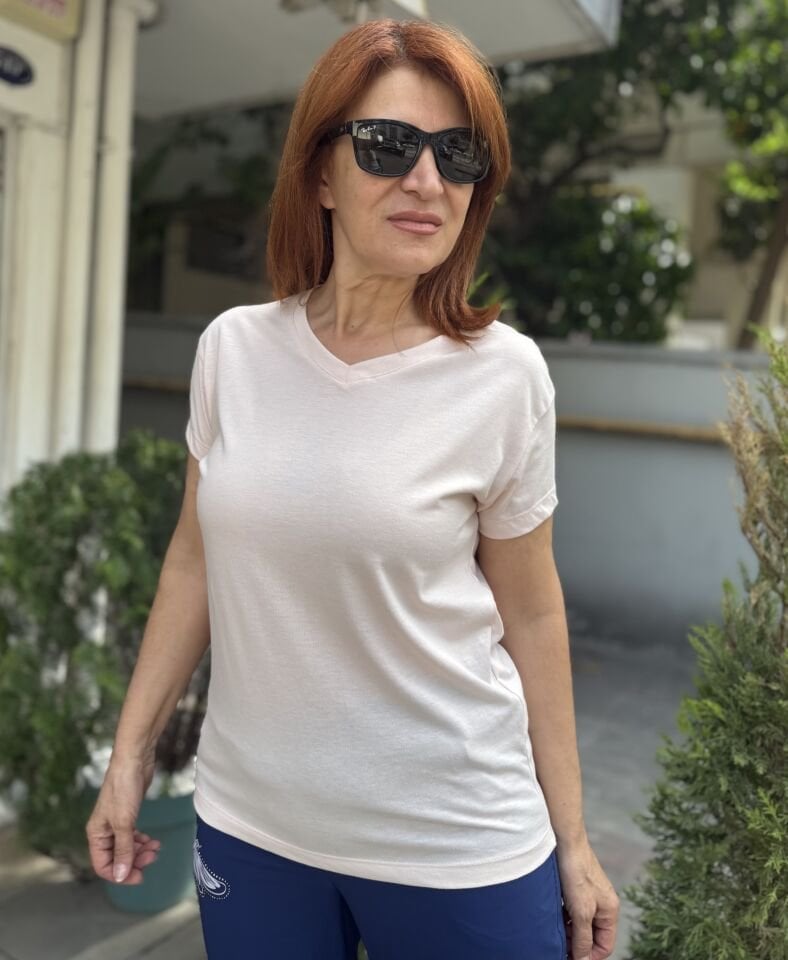 V Yaka Viskon Tişört Toz Pembe