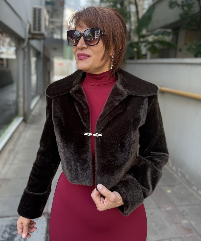 Kısa Kürk Taşlı Bolero Acı Kahve