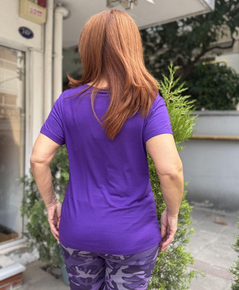 V Yaka Viskon Tişört Mor