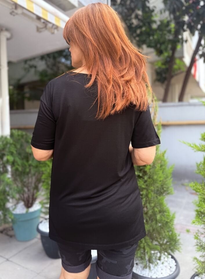 35D- V Yaka Viskon Tişört Siyah