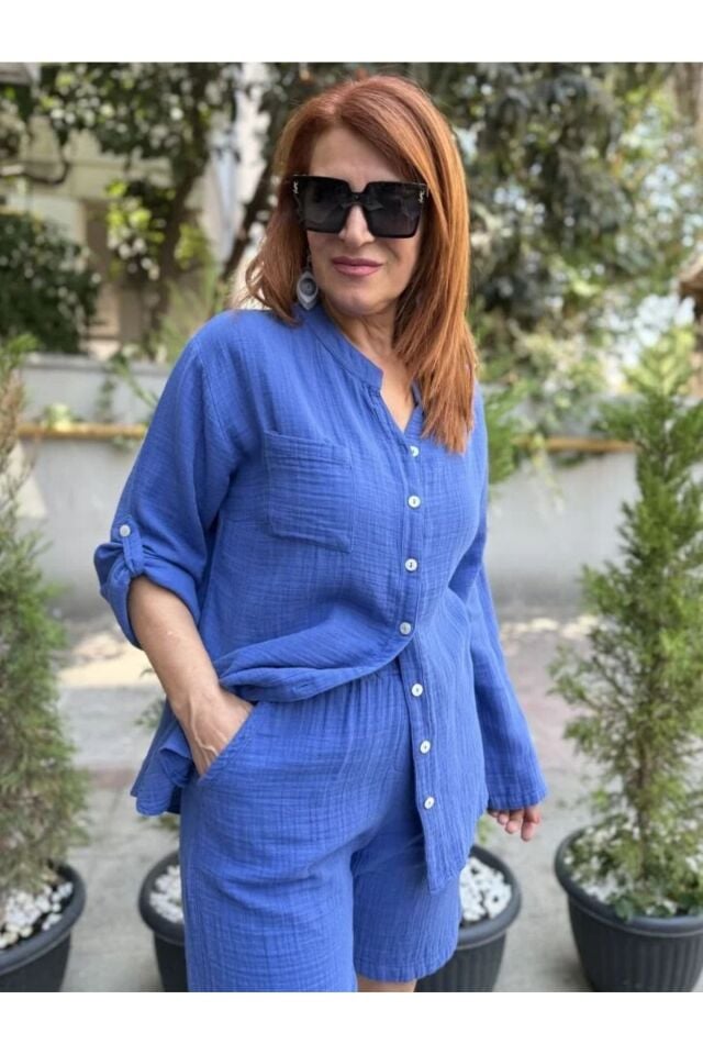 Müslin Hakim Yaka Gömlek İndigo Mavi