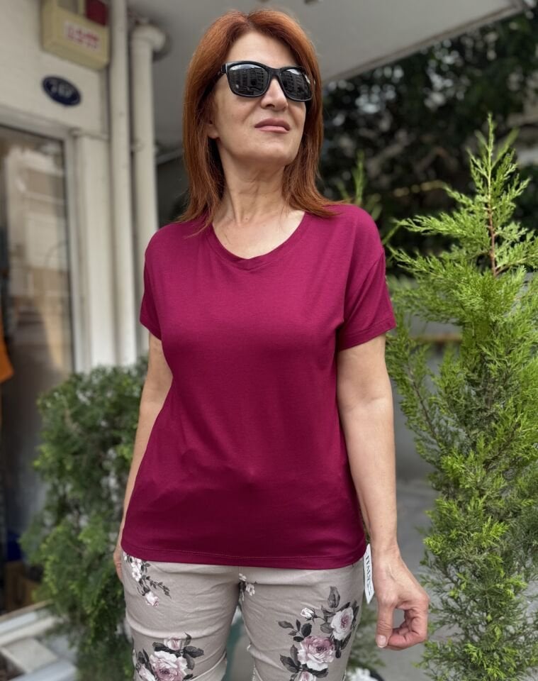 35BRT- V Yaka Viskon Tişört Bordo