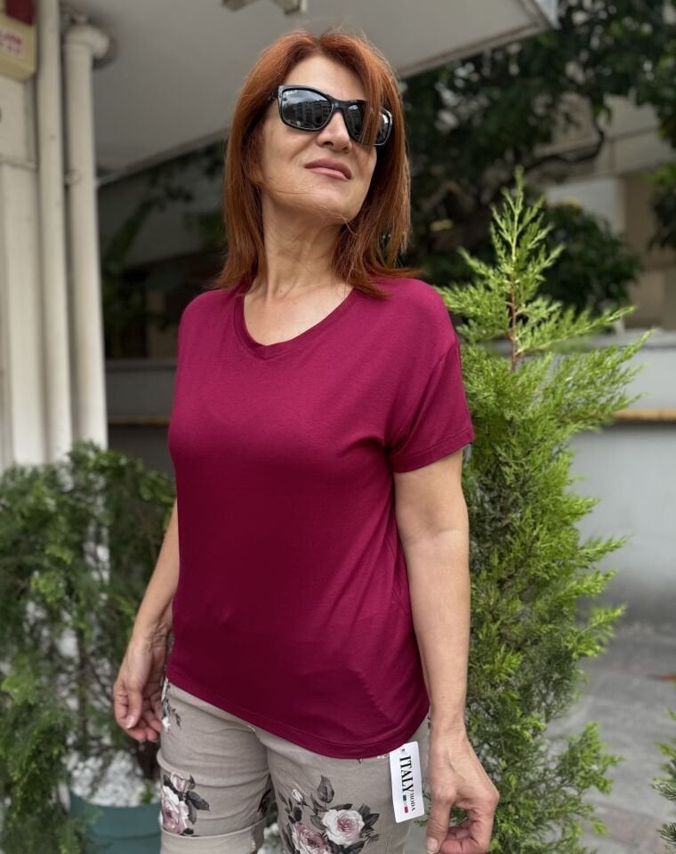 V Yaka Viskon Tişört Bordo