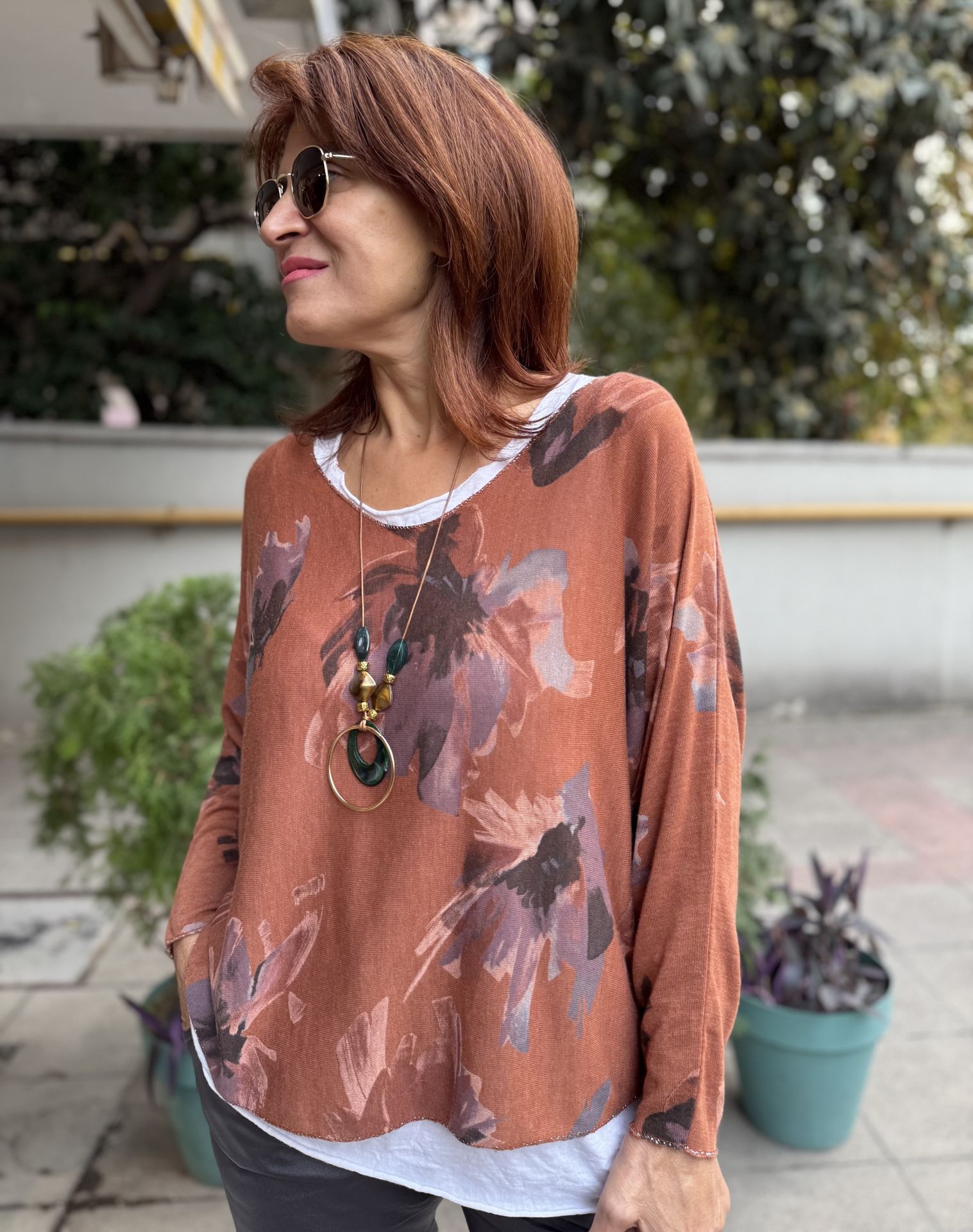 İtalyan Çiçek Desenli Bluz Tarçın