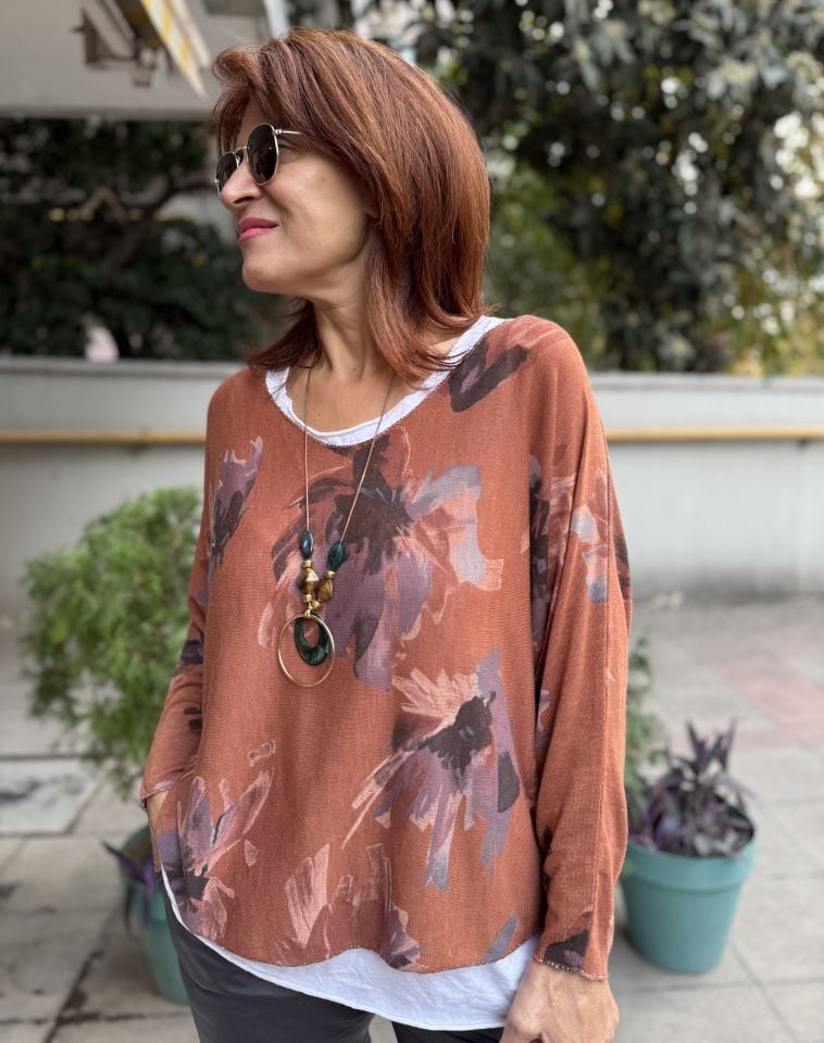 İtalyan Çiçek Desenli Bluz Tarçın