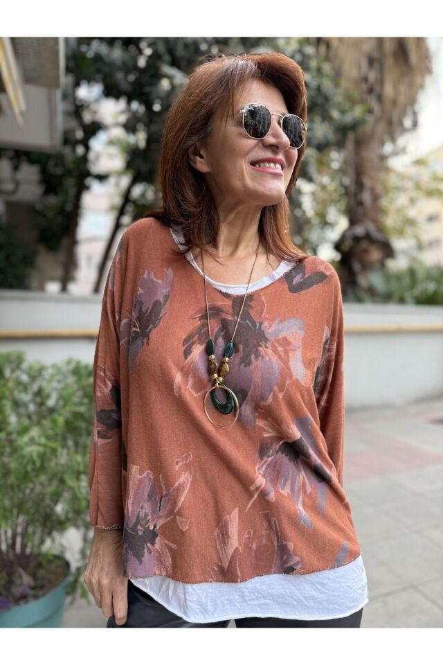 İtalyan Çiçek Desenli Bluz Tarçın
