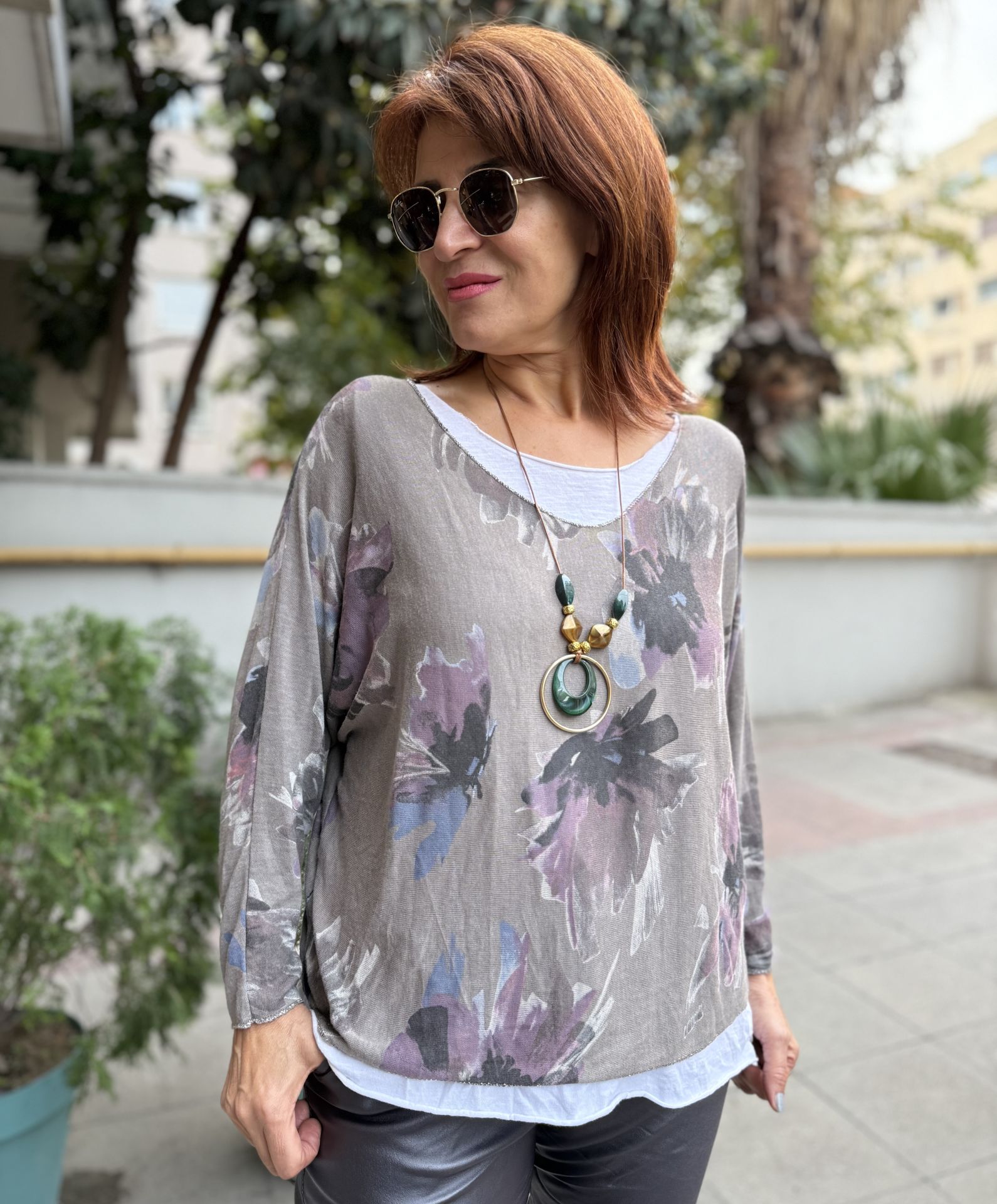 İtalyan Çiçek Desenli Bluz Vizon