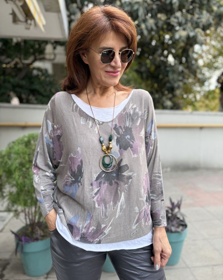 İtalyan Çiçek Desenli Bluz Vizon