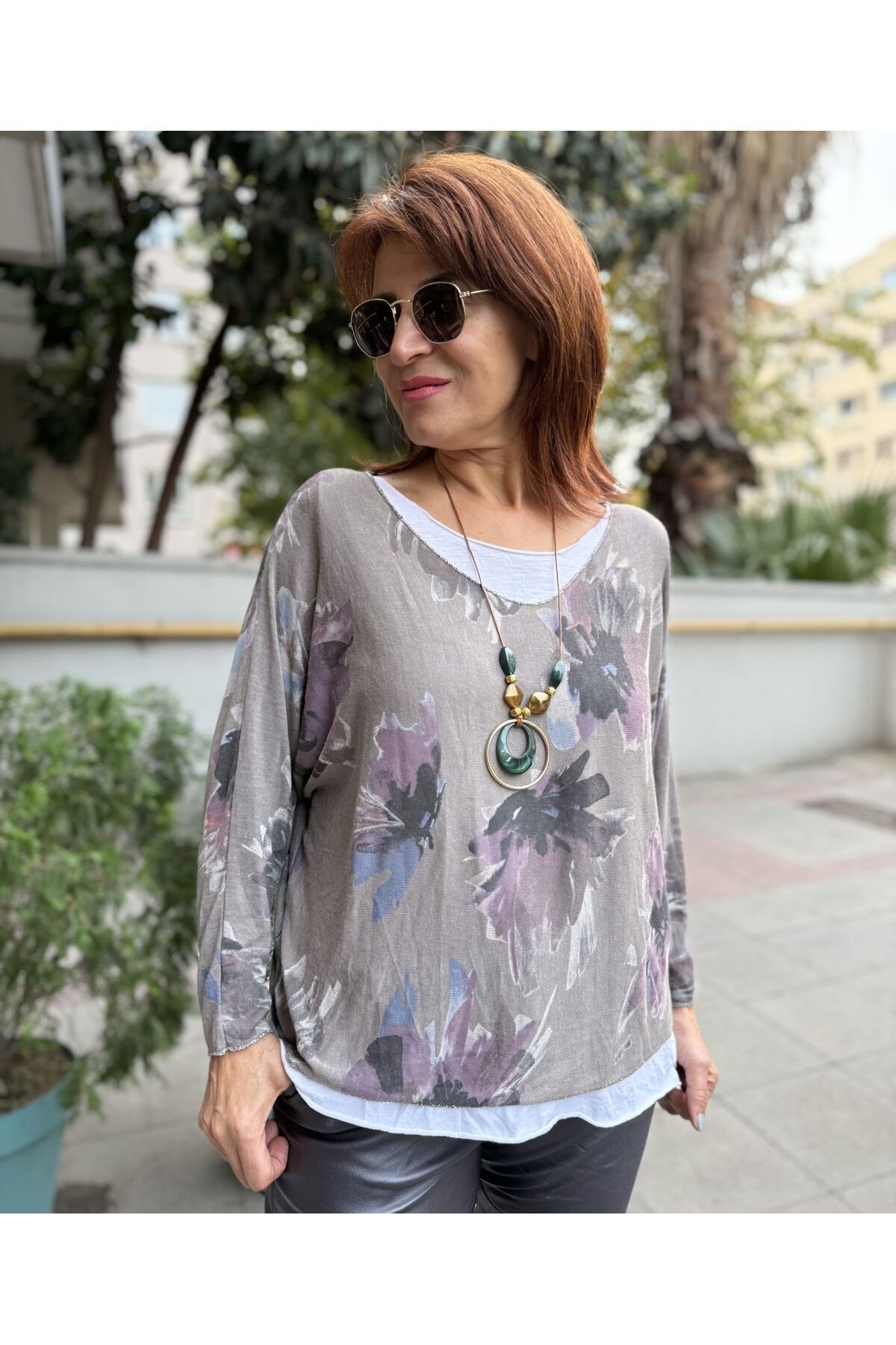 İtalyan Çiçek Desenli Bluz Vizon