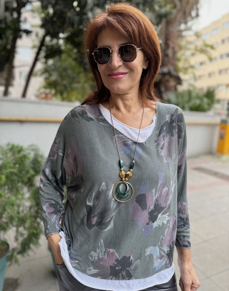 İtalyan Çiçek Desenli Bluz Haki